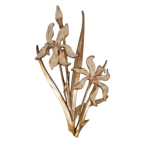 VTG MCM Floral Wall Art Sculpture 21.5" Gold Cream Metal Iris Flower Home Decor - Picture 1 of 6